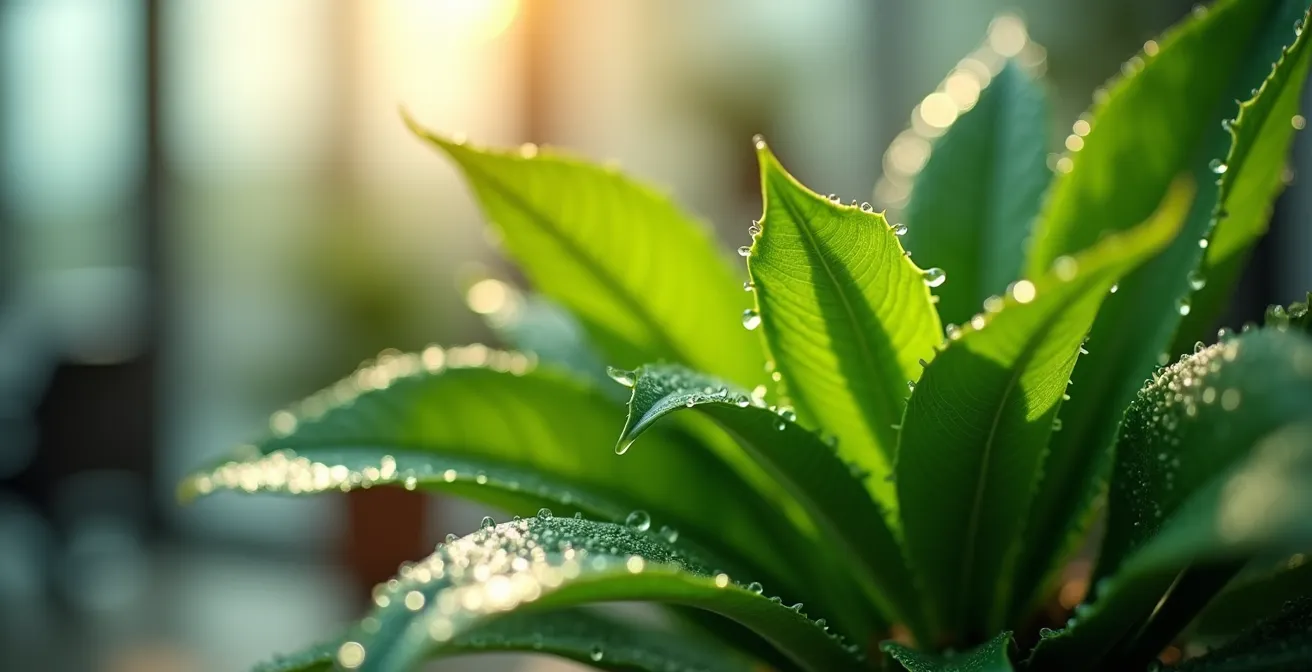 Gros plan sur plante verte dans bureau lumineux symbolisant la qualité de l'air